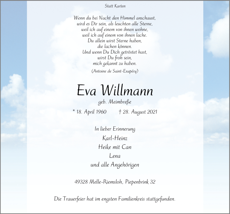  Traueranzeige für Eva Willmann vom 08.09.2021 aus Neue Osnabrücker Zeitung GmbH & Co. KG
