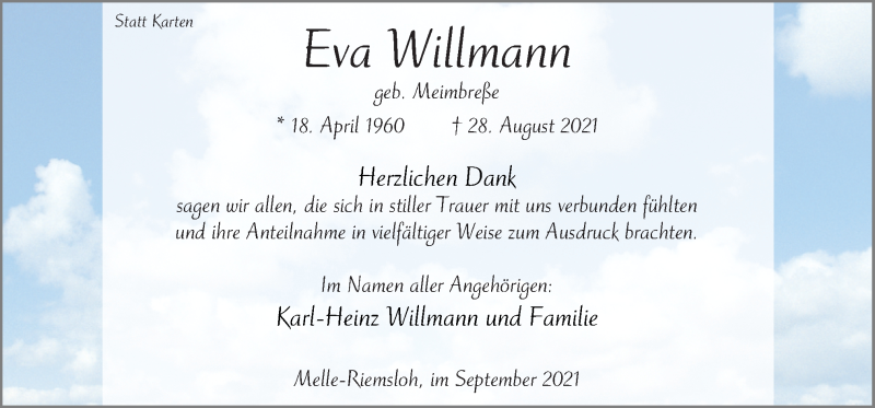  Traueranzeige für Eva Willmann vom 29.09.2021 aus Neue Osnabrücker Zeitung GmbH & Co. KG
