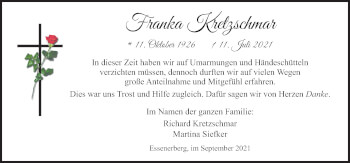 Traueranzeige von Franka Kretzschmar von Neue Osnabrücker Zeitung GmbH & Co. KG