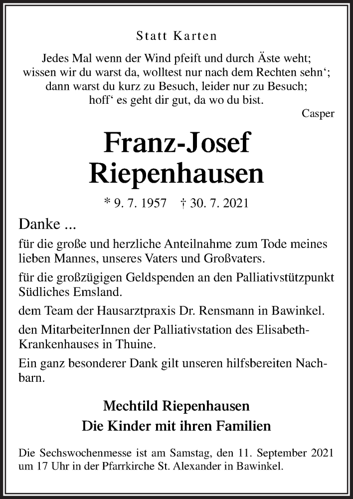  Traueranzeige für Franz-Josef Riepenhausen vom 04.09.2021 aus Neue Osnabrücker Zeitung GmbH & Co. KG