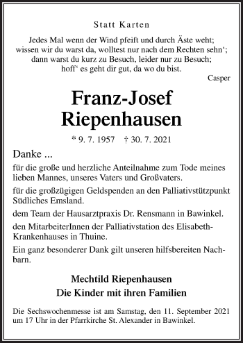 Traueranzeige von Franz-Josef Riepenhausen von Neue Osnabrücker Zeitung GmbH & Co. KG