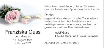 Traueranzeige von Franziska Guss von Neue Osnabrücker Zeitung GmbH & Co. KG