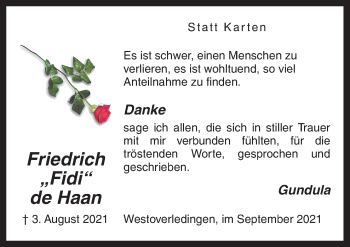 Traueranzeige von Friedrich de Haan von Neue Osnabrücker Zeitung GmbH & Co. KG