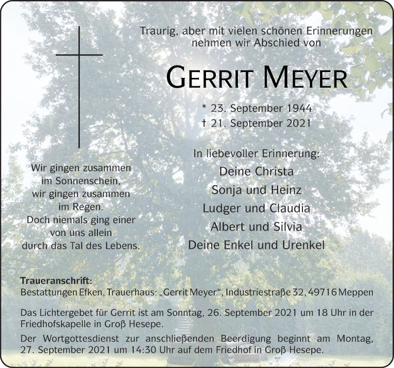  Traueranzeige für Gerrit Meyer vom 24.09.2021 aus Neue Osnabrücker Zeitung GmbH & Co. KG