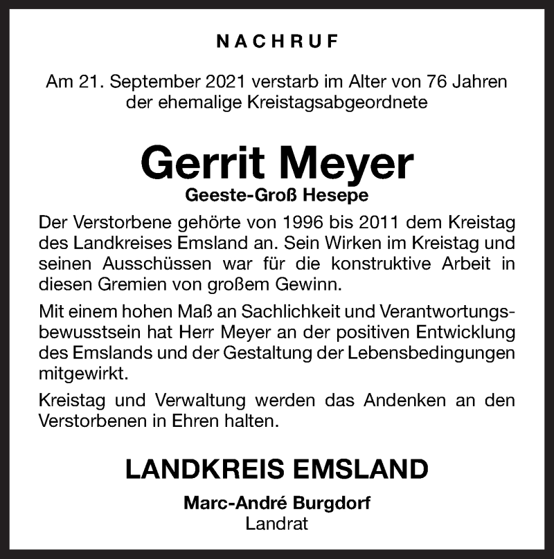  Traueranzeige für Gerrit Meyer vom 28.09.2021 aus Neue Osnabrücker Zeitung GmbH & Co. KG