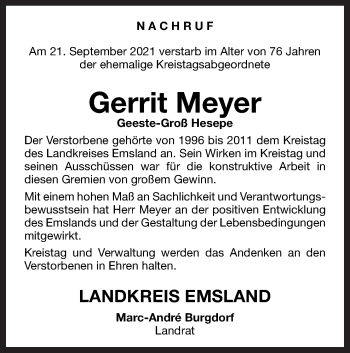 Traueranzeige von Gerrit Meyer von Neue Osnabrücker Zeitung GmbH & Co. KG