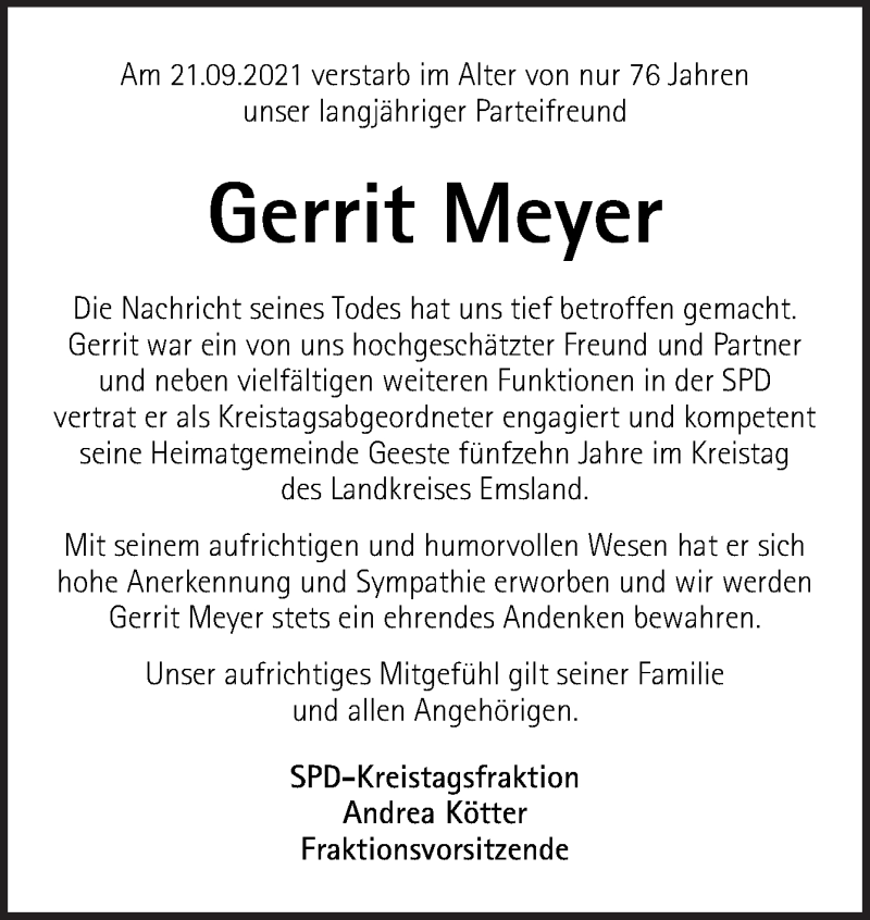  Traueranzeige für Gerrit Meyer vom 29.09.2021 aus Neue Osnabrücker Zeitung GmbH & Co. KG