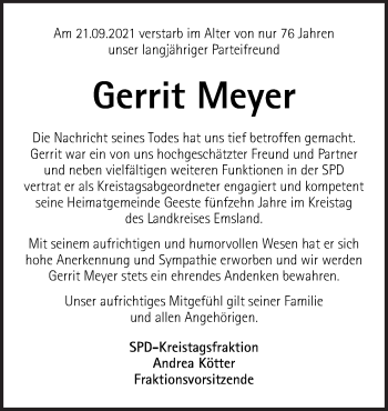 Traueranzeige von Gerrit Meyer von Neue Osnabrücker Zeitung GmbH & Co. KG