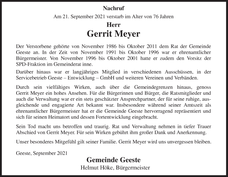  Traueranzeige für Gerrit Meyer vom 27.09.2021 aus Neue Osnabrücker Zeitung GmbH & Co. KG