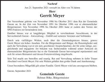 Traueranzeige von Gerrit Meyer von Neue Osnabrücker Zeitung GmbH & Co. KG