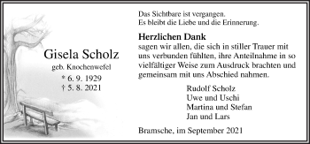 Traueranzeige von Gisela Scholz von Neue Osnabrücker Zeitung GmbH & Co. KG