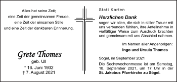 Traueranzeige von Grete Thomes von Neue Osnabrücker Zeitung GmbH & Co. KG