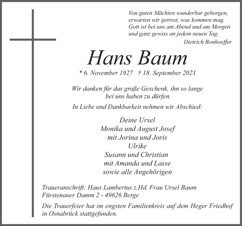  Traueranzeige für Hans Baum vom 25.09.2021 aus Neue Osnabrücker Zeitung GmbH & Co. KG