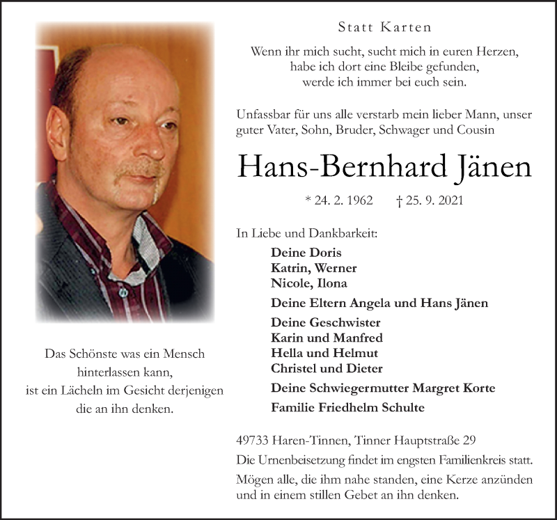  Traueranzeige für Hans-Bernhard Jänen vom 28.09.2021 aus Neue Osnabrücker Zeitung GmbH & Co. KG