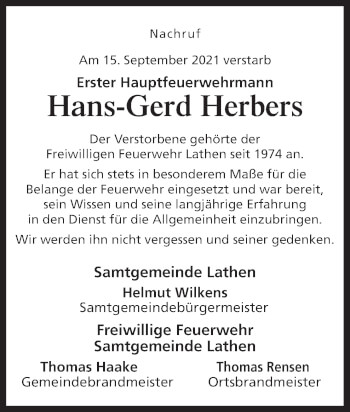 Traueranzeige von Hans-Gerd Herbers von Neue Osnabrücker Zeitung GmbH & Co. KG