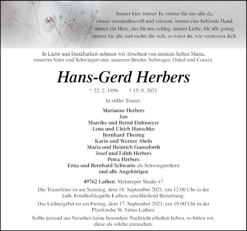  Traueranzeige für Hans-Gerd Herbers vom 17.09.2021 aus Neue Osnabrücker Zeitung GmbH & Co. KG