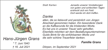 Traueranzeige von Hans-Jürgen Grans von Neue Osnabrücker Zeitung GmbH & Co. KG