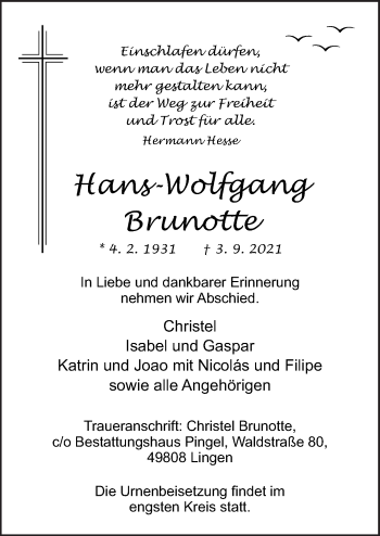 Traueranzeige von Hans-Wolfgang Brunotte von Neue Osnabrücker Zeitung GmbH & Co. KG