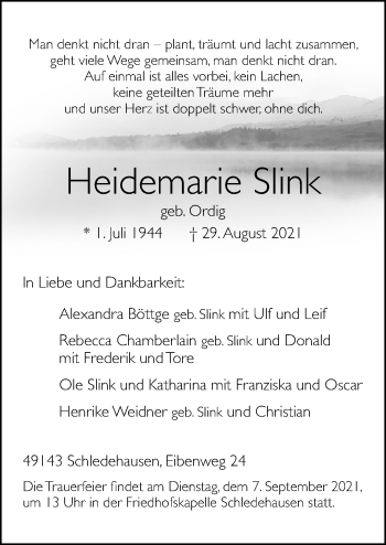 Traueranzeige von Heidemarie Slink von Neue Osnabrücker Zeitung GmbH & Co. KG