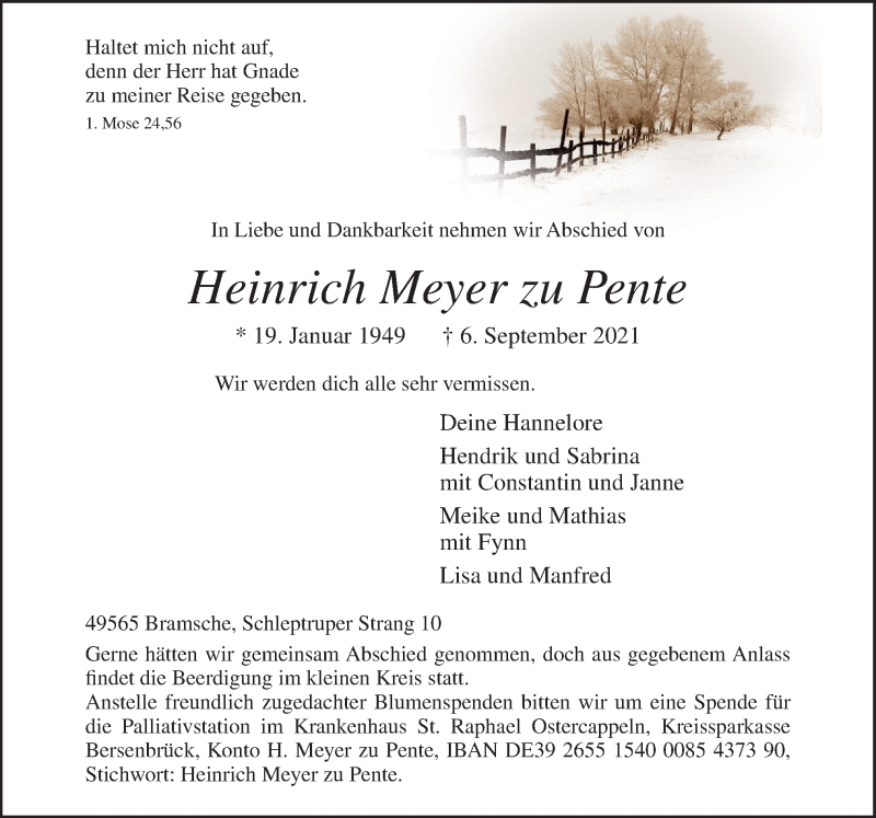  Traueranzeige für Heinrich Meyer zu Pente vom 11.09.2021 aus Neue Osnabrücker Zeitung GmbH & Co. KG