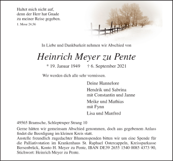 Traueranzeige von Heinrich Meyer zu Pente von Neue Osnabrücker Zeitung GmbH & Co. KG