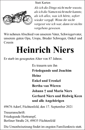 Traueranzeige von Heinrich Niers von Neue Osnabrücker Zeitung GmbH & Co. KG