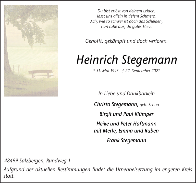  Traueranzeige für Heinrich Stegemann vom 24.09.2021 aus Neue Osnabrücker Zeitung GmbH & Co. KG