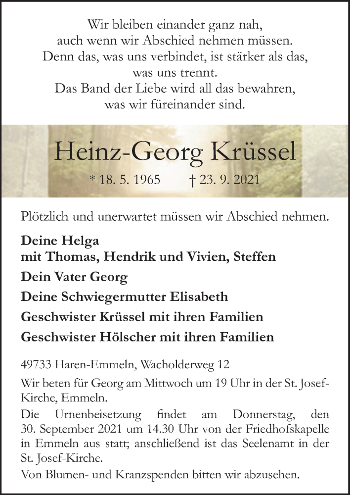  Traueranzeige für Heinz-Georg Krüssel vom 25.09.2021 aus Neue Osnabrücker Zeitung GmbH & Co. KG