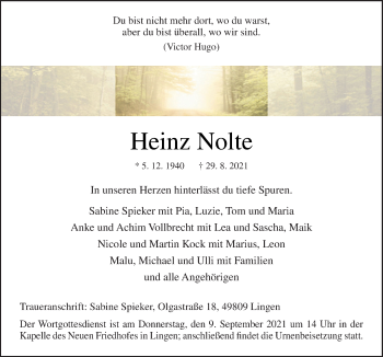Traueranzeige von Heinz Nolte von Neue Osnabrücker Zeitung GmbH & Co. KG