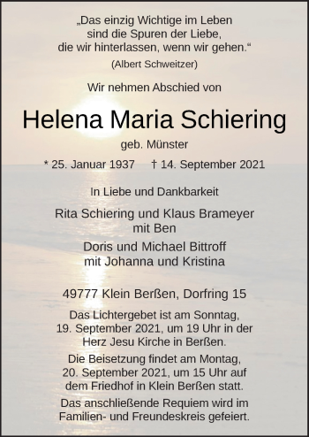 Traueranzeige von Helena Maria Schiering von Neue Osnabrücker Zeitung GmbH & Co. KG