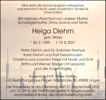 Traueranzeige von Helga Diehm von Neue Osnabrücker Zeitung GmbH & Co. KG