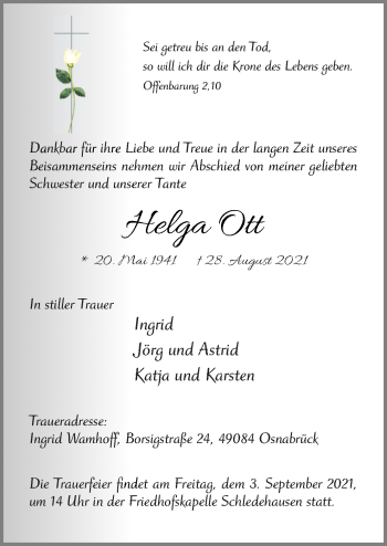 Traueranzeige von Helga Ott von Neue Osnabrücker Zeitung GmbH & Co. KG