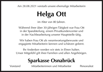 Traueranzeige von Helga Ott von Neue Osnabrücker Zeitung GmbH & Co. KG