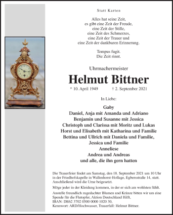 Traueranzeige von Helmut Bittner von Neue Osnabrücker Zeitung GmbH & Co. KG