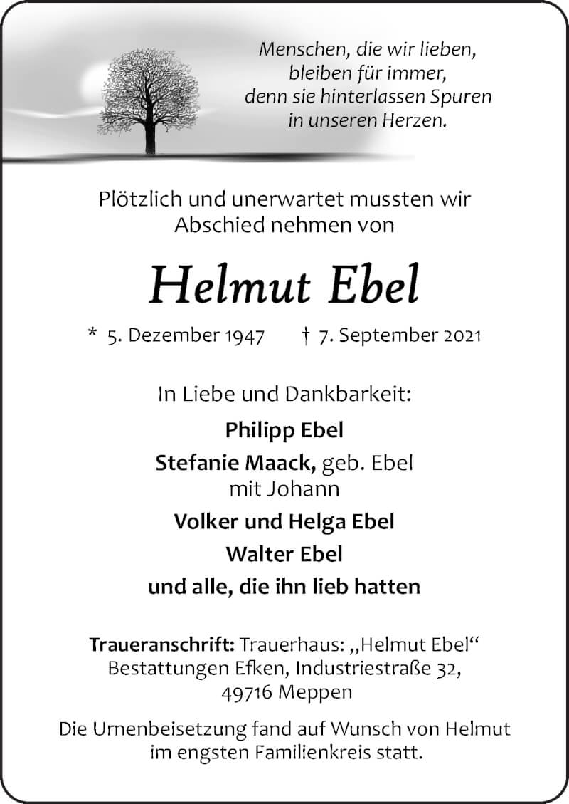  Traueranzeige für Helmut Ebel vom 18.09.2021 aus Neue Osnabrücker Zeitung GmbH & Co. KG
