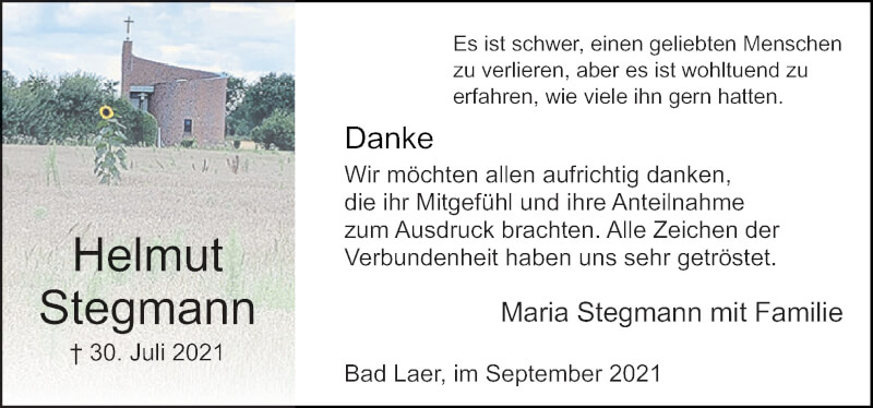  Traueranzeige für Helmut Stegmann vom 18.09.2021 aus Neue Osnabrücker Zeitung GmbH & Co. KG