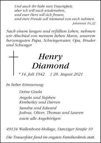 Traueranzeige von Henry Diamond von Neue Osnabrücker Zeitung GmbH & Co. KG