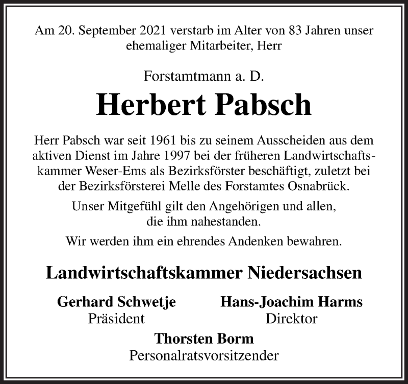  Traueranzeige für Herbert Pabsch vom 30.09.2021 aus Neue Osnabrücker Zeitung GmbH & Co. KG