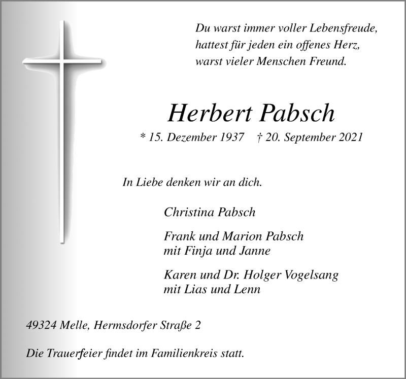  Traueranzeige für Herbert Pabsch vom 25.09.2021 aus Neue Osnabrücker Zeitung GmbH & Co. KG