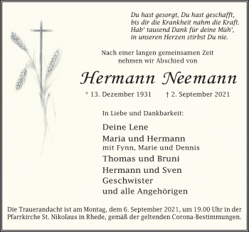 Traueranzeige von Hermann Neemann von Neue Osnabrücker Zeitung GmbH & Co. KG