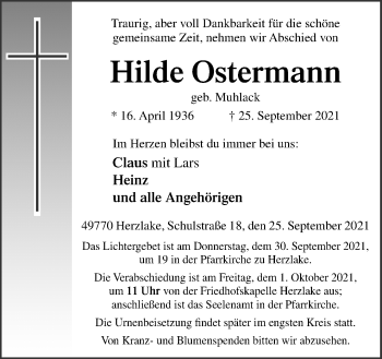 Traueranzeige von Hilde Ostermann von Neue Osnabrücker Zeitung GmbH & Co. KG