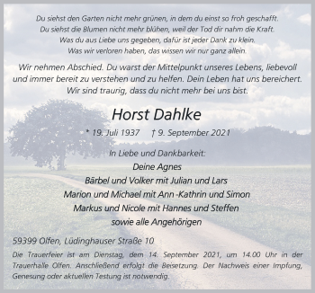 Traueranzeige von Horst Dahlke von Neue Osnabrücker Zeitung GmbH & Co. KG
