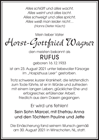 Traueranzeige von Horst-Gottfried Wagner von Neue Osnabrücker Zeitung GmbH & Co. KG