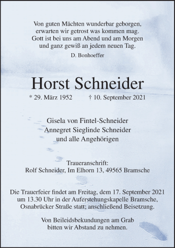 Traueranzeige von Horst Schneider von Neue Osnabrücker Zeitung GmbH & Co. KG