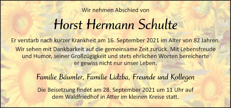  Traueranzeige für Horst Hermann Schulte vom 21.09.2021 aus Neue Osnabrücker Zeitung GmbH & Co. KG