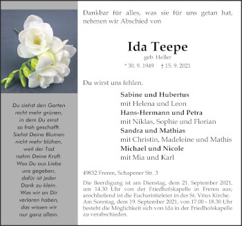 Traueranzeige von Ida Teepe von Neue Osnabrücker Zeitung GmbH & Co. KG