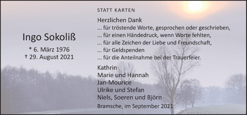  Traueranzeige für Ingo Sokoliß vom 25.09.2021 aus Neue Osnabrücker Zeitung GmbH & Co. KG