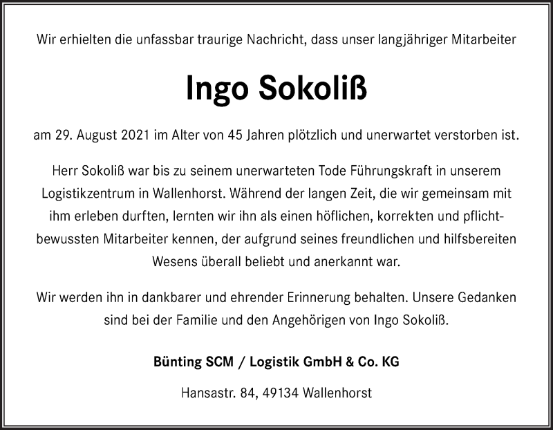  Traueranzeige für Ingo Sokoliß vom 16.09.2021 aus Neue Osnabrücker Zeitung GmbH & Co. KG