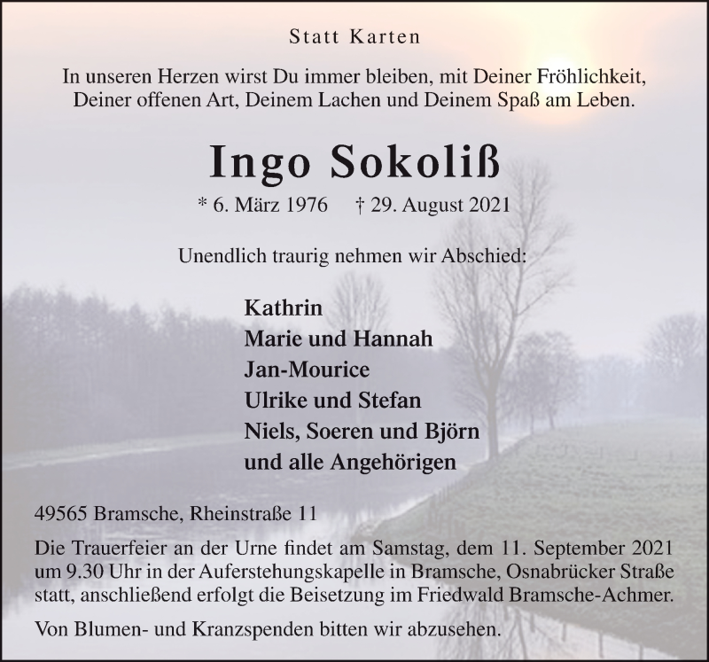  Traueranzeige für Ingo Sokoliß vom 08.09.2021 aus Neue Osnabrücker Zeitung GmbH & Co. KG