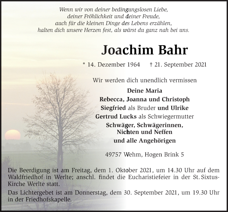  Traueranzeige für Joachim Bahr vom 28.09.2021 aus Neue Osnabrücker Zeitung GmbH & Co. KG